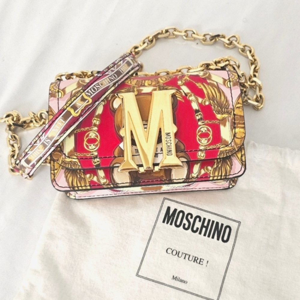 MOSCHINO Pink Mini M Bag w/ Teddy Bear Scarf Print Gold Metal Chain Leather